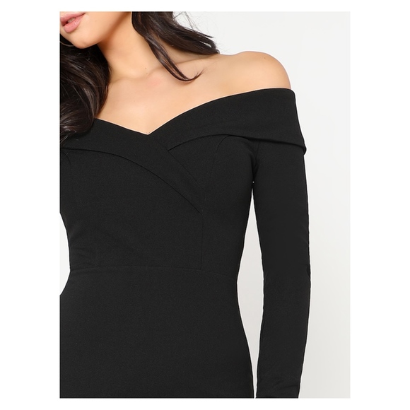 Black Foldover Off Shoulder Bodycon Midi Dress - Picture 4 of 6
